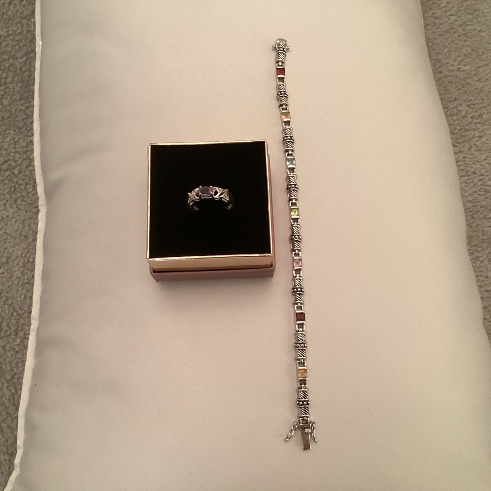 Elegant Sterling Silver Multicolor Bracelet and Ring Set